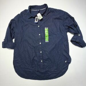 Nautica Linen Blend Button Front Shirt Navy Roll Tab Sleeve Women's L NWT